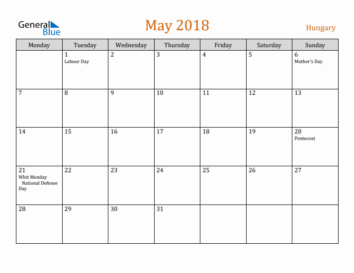 May 2018 Holiday Calendar with Monday Start