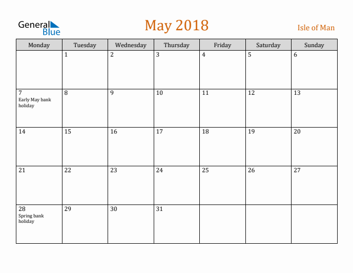 May 2018 Holiday Calendar with Monday Start