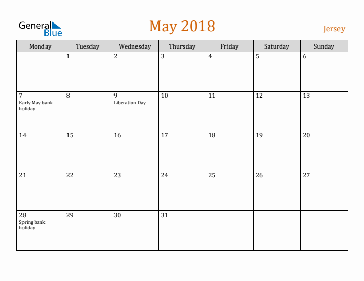 May 2018 Holiday Calendar with Monday Start