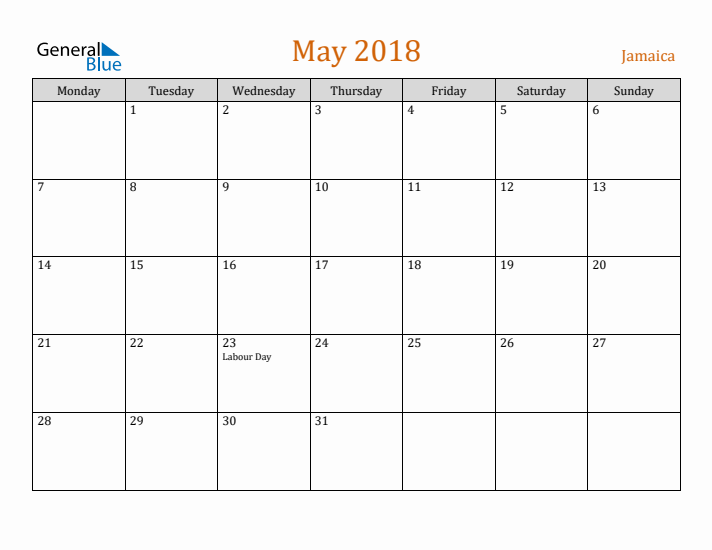 May 2018 Holiday Calendar with Monday Start