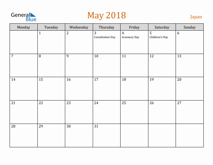 May 2018 Holiday Calendar with Monday Start