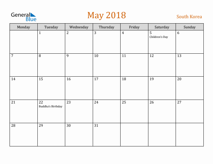 May 2018 Holiday Calendar with Monday Start