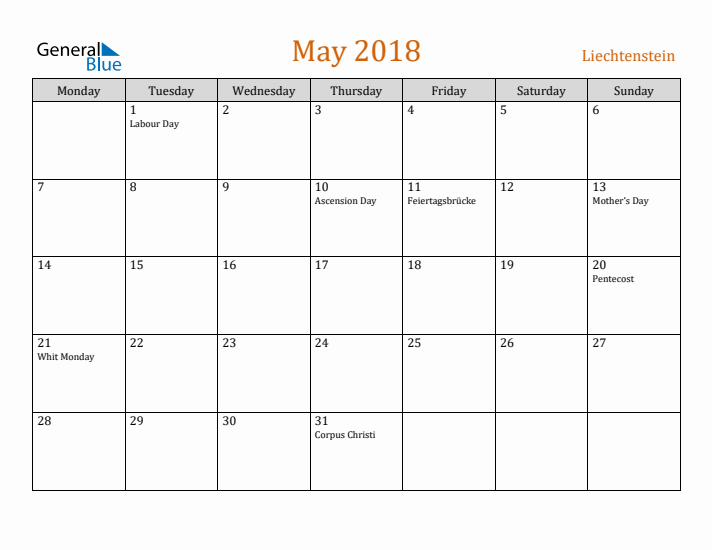 May 2018 Holiday Calendar with Monday Start