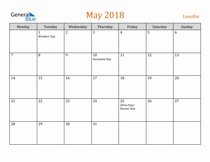 May 2018 Holiday Calendar with Monday Start