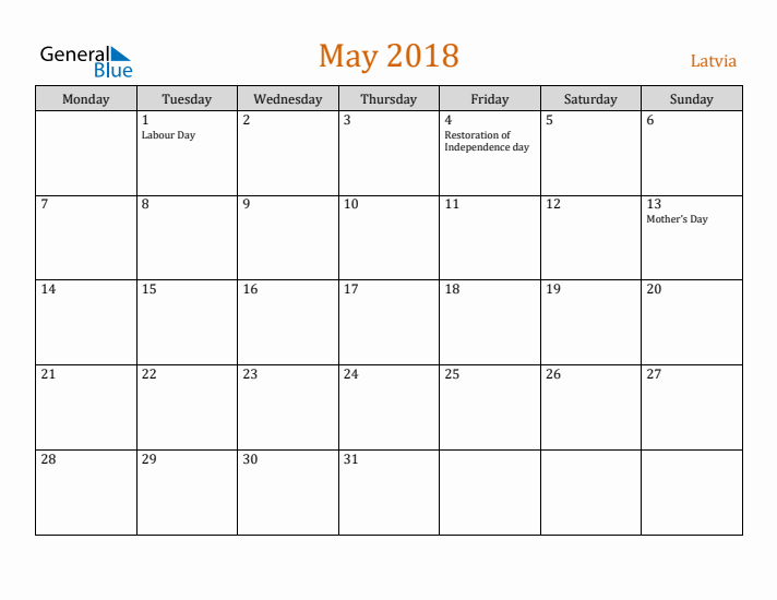 May 2018 Holiday Calendar with Monday Start