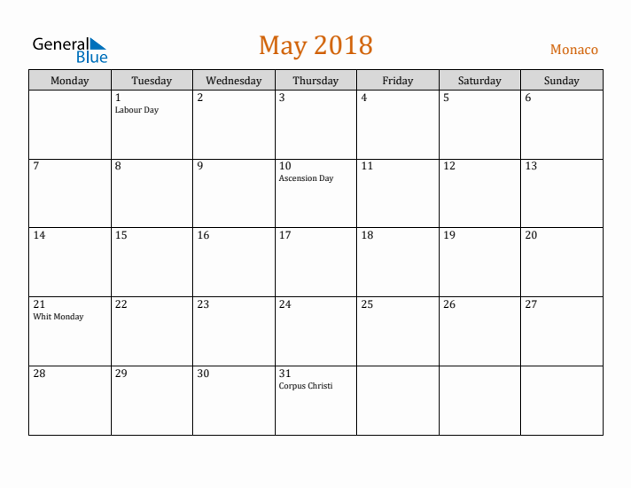 May 2018 Holiday Calendar with Monday Start