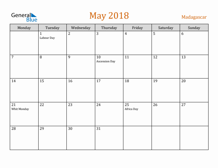 May 2018 Holiday Calendar with Monday Start