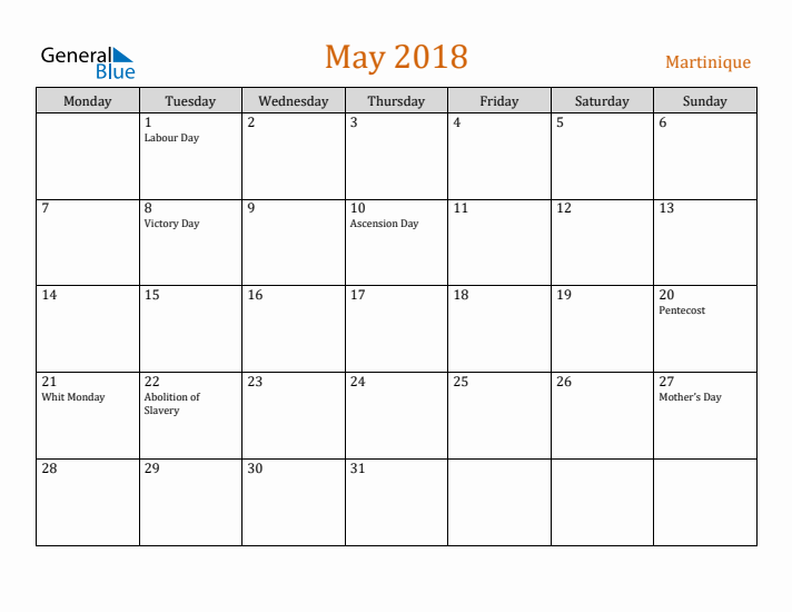 May 2018 Holiday Calendar with Monday Start