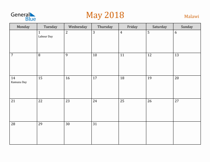 May 2018 Holiday Calendar with Monday Start