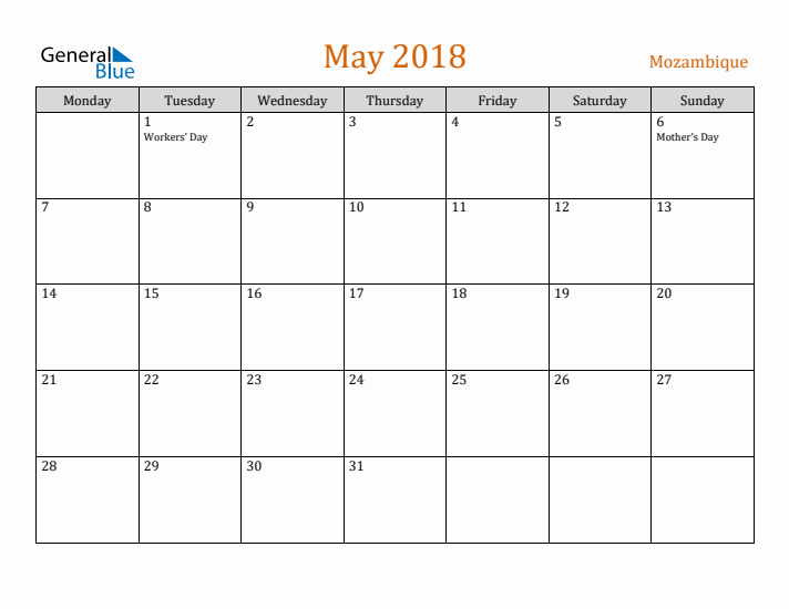 May 2018 Holiday Calendar with Monday Start