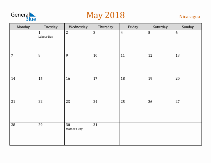 May 2018 Holiday Calendar with Monday Start