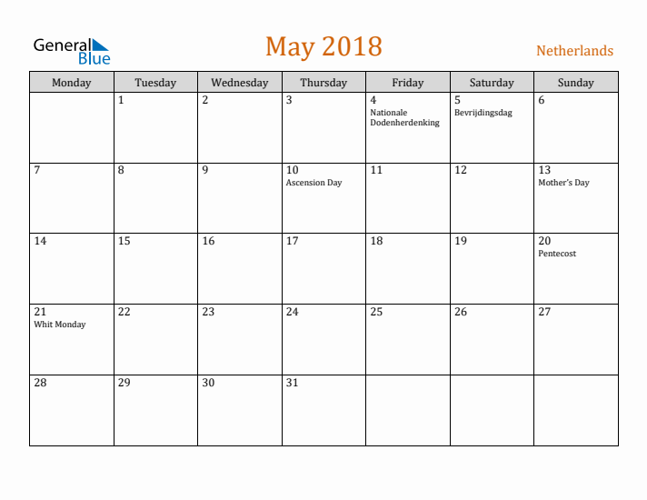 May 2018 Holiday Calendar with Monday Start