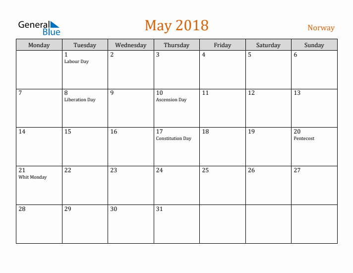 May 2018 Holiday Calendar with Monday Start