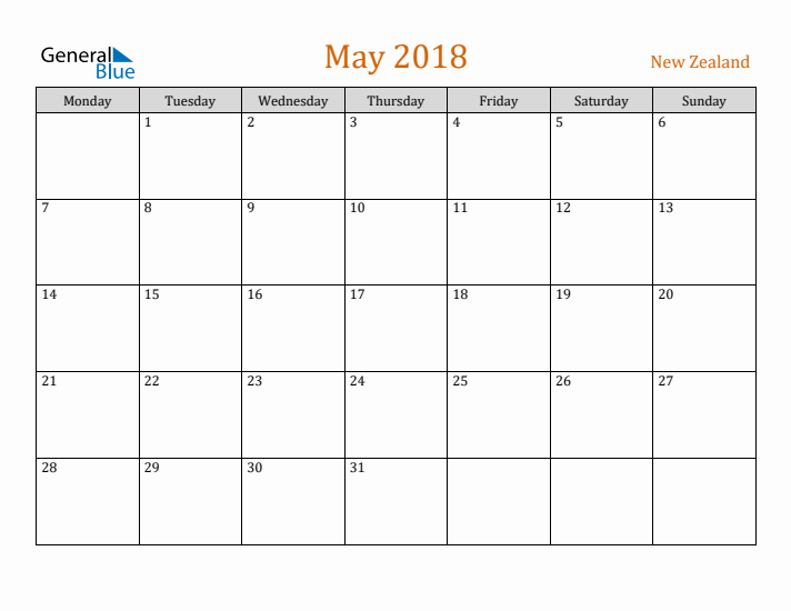 May 2018 Holiday Calendar with Monday Start