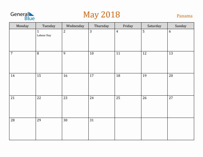 May 2018 Holiday Calendar with Monday Start