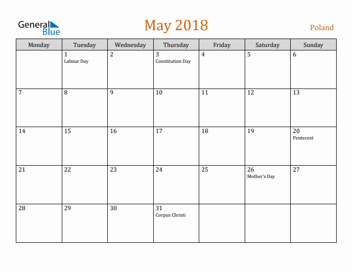 May 2018 Holiday Calendar with Monday Start