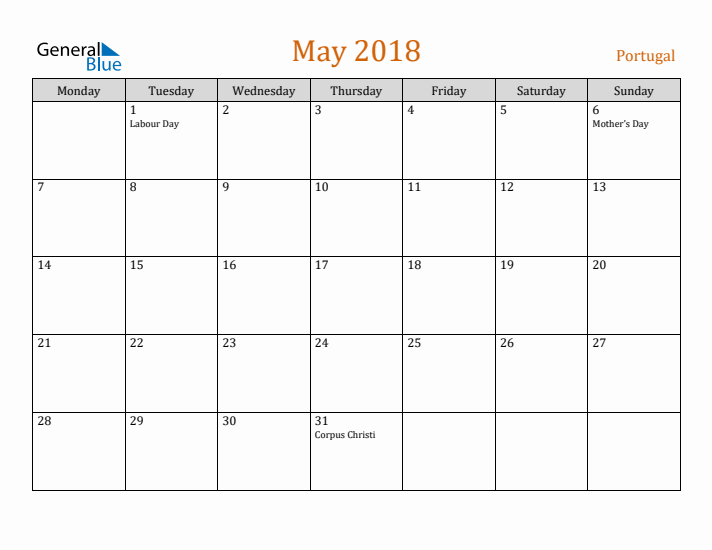 May 2018 Holiday Calendar with Monday Start