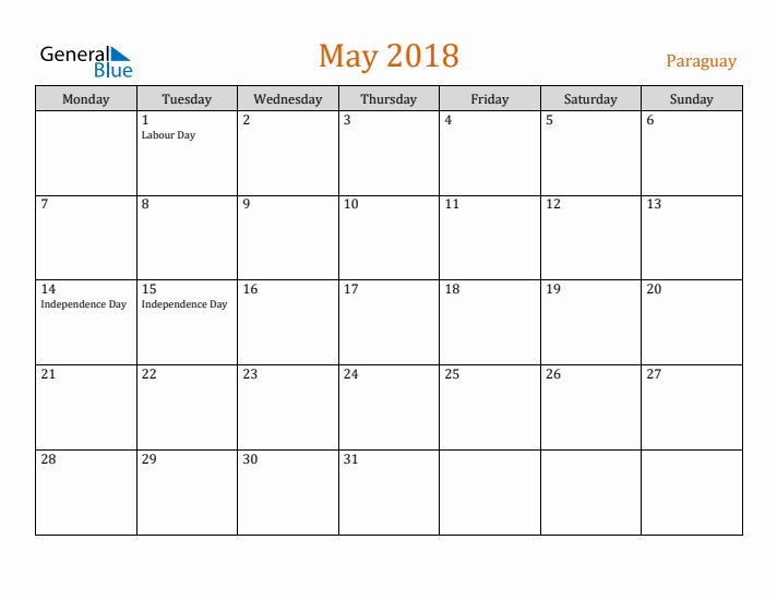 May 2018 Holiday Calendar with Monday Start