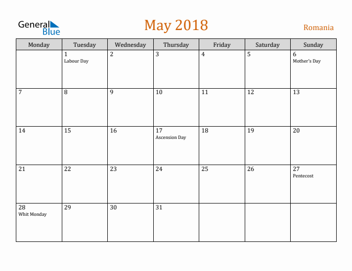 May 2018 Holiday Calendar with Monday Start