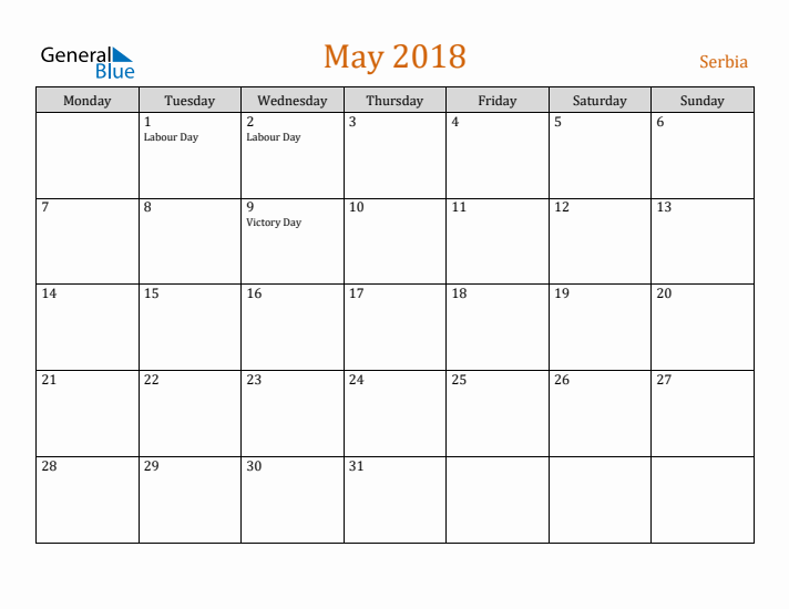 May 2018 Holiday Calendar with Monday Start