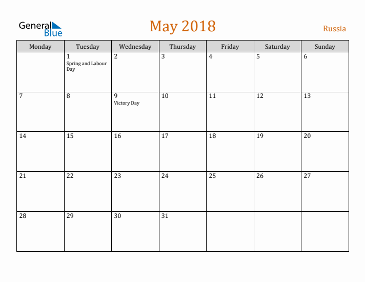 May 2018 Holiday Calendar with Monday Start