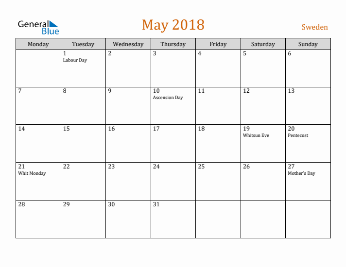 May 2018 Holiday Calendar with Monday Start