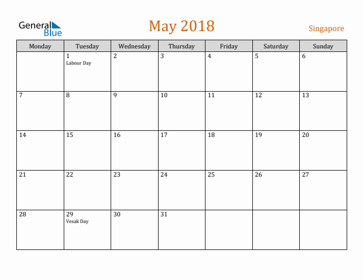 May 2018 Holiday Calendar with Monday Start