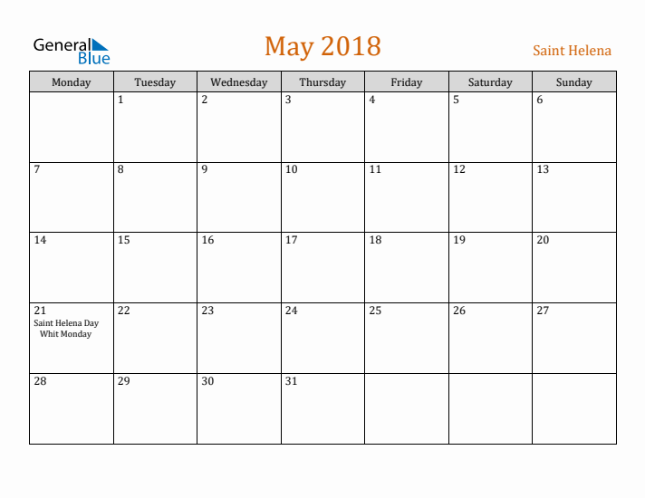 May 2018 Holiday Calendar with Monday Start