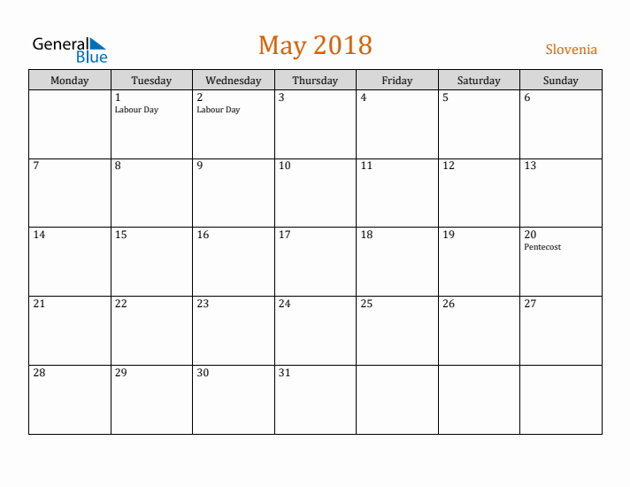 May 2018 Holiday Calendar with Monday Start