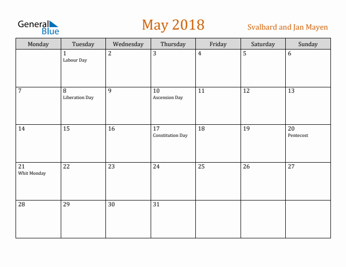 May 2018 Holiday Calendar with Monday Start