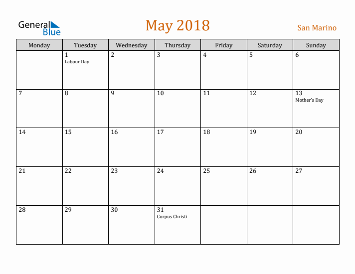 May 2018 Holiday Calendar with Monday Start