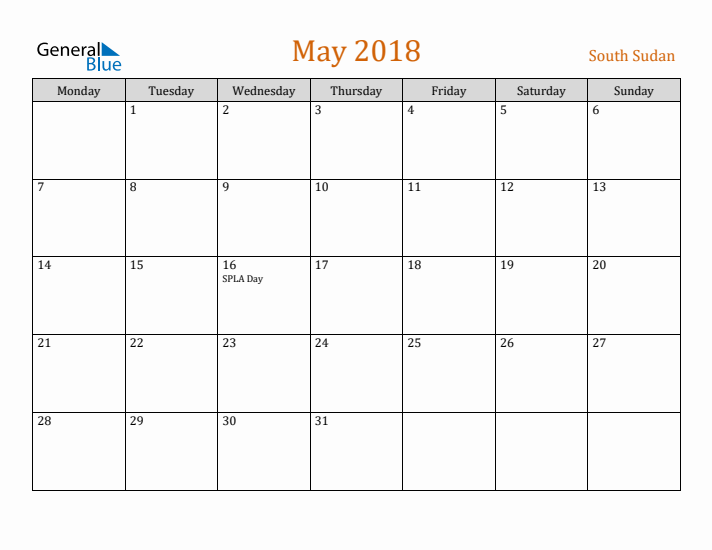 May 2018 Holiday Calendar with Monday Start