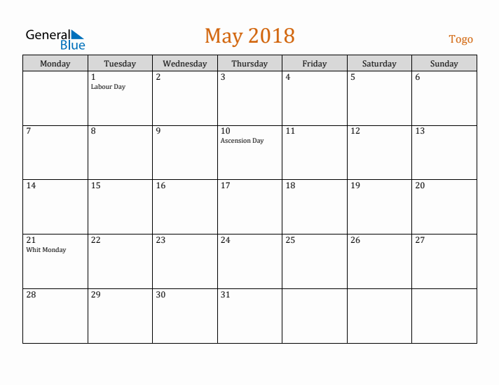 May 2018 Holiday Calendar with Monday Start