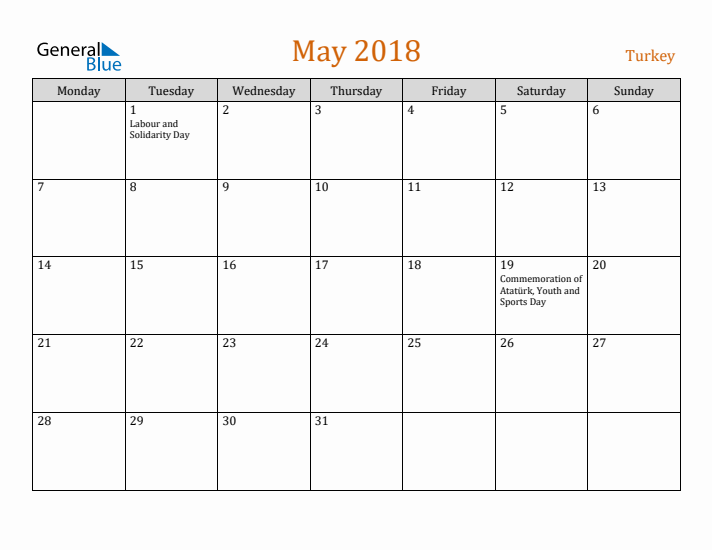 May 2018 Holiday Calendar with Monday Start