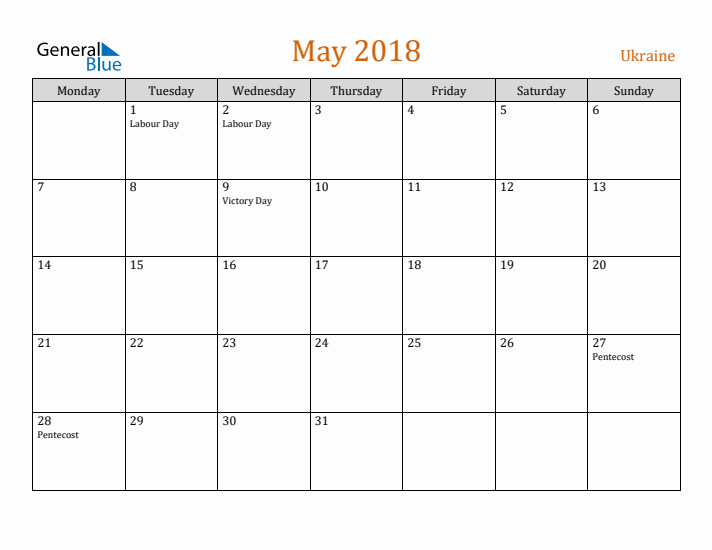 May 2018 Holiday Calendar with Monday Start