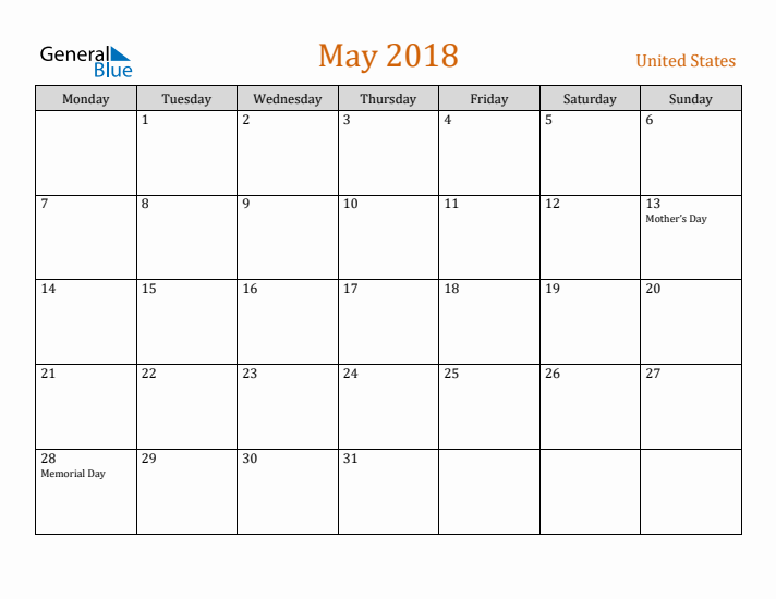 May 2018 Holiday Calendar with Monday Start