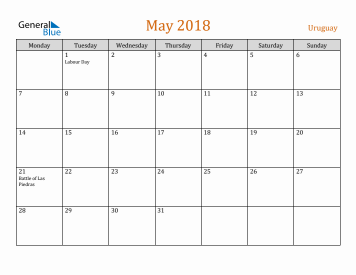 May 2018 Holiday Calendar with Monday Start