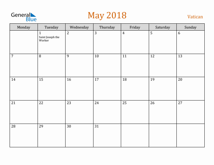 May 2018 Holiday Calendar with Monday Start