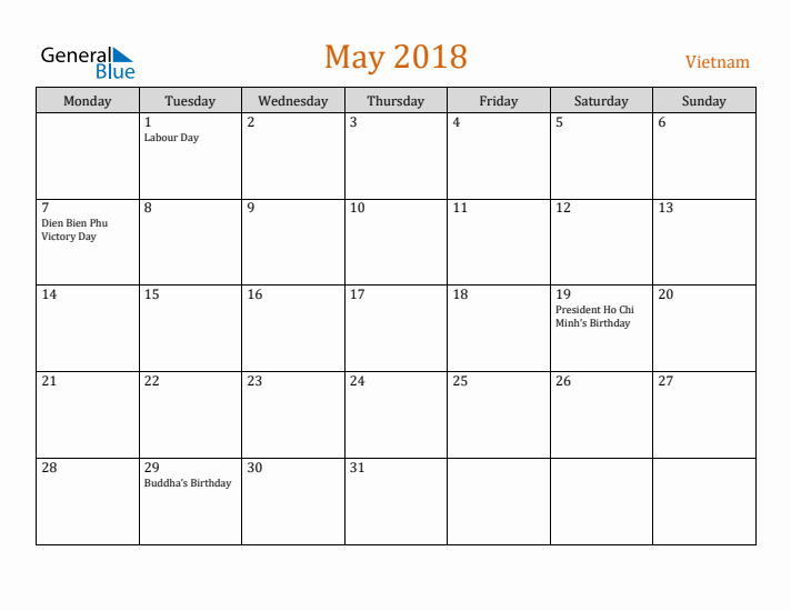 May 2018 Holiday Calendar with Monday Start