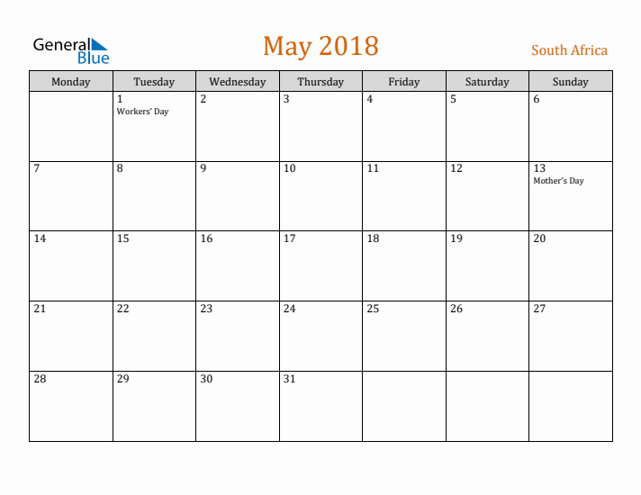 May 2018 Holiday Calendar with Monday Start