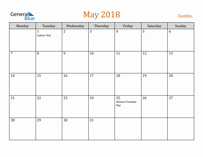 May 2018 Holiday Calendar with Monday Start