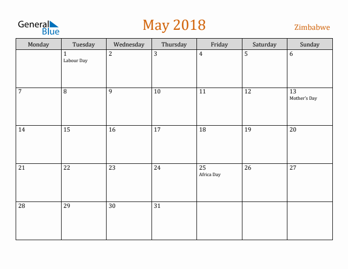 May 2018 Holiday Calendar with Monday Start