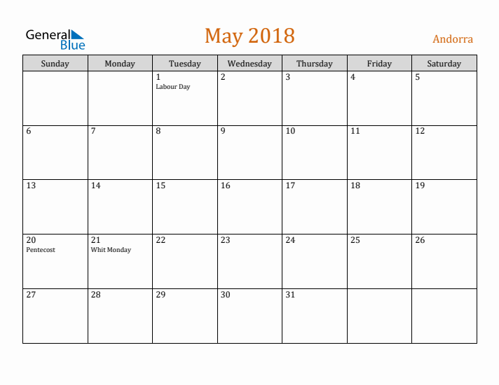 May 2018 Holiday Calendar with Sunday Start