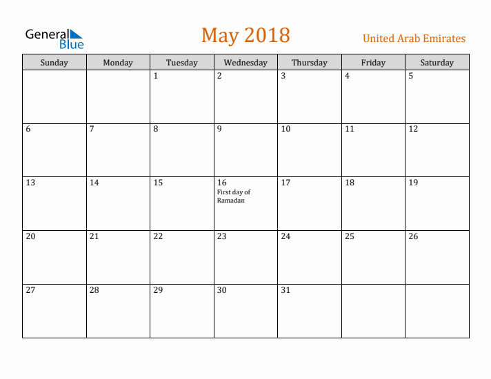 May 2018 Holiday Calendar with Sunday Start