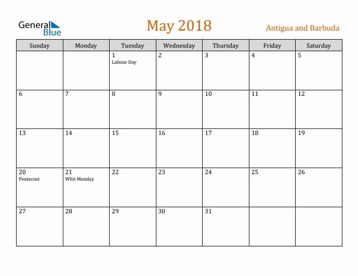 May 2018 Holiday Calendar with Sunday Start