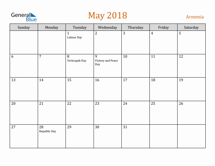 May 2018 Holiday Calendar with Sunday Start