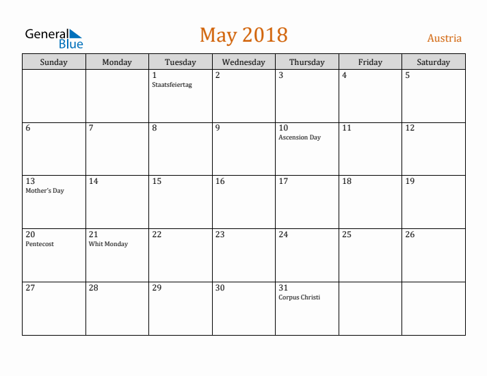 May 2018 Holiday Calendar with Sunday Start