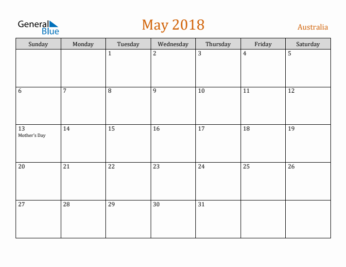 May 2018 Holiday Calendar with Sunday Start