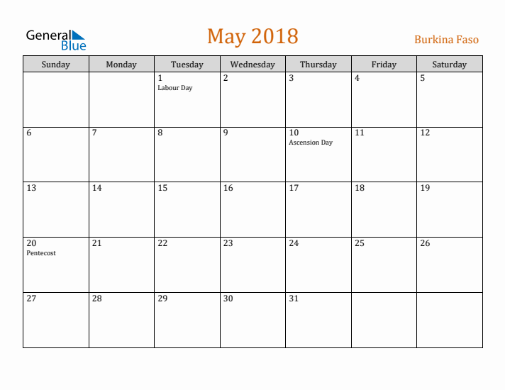 May 2018 Holiday Calendar with Sunday Start