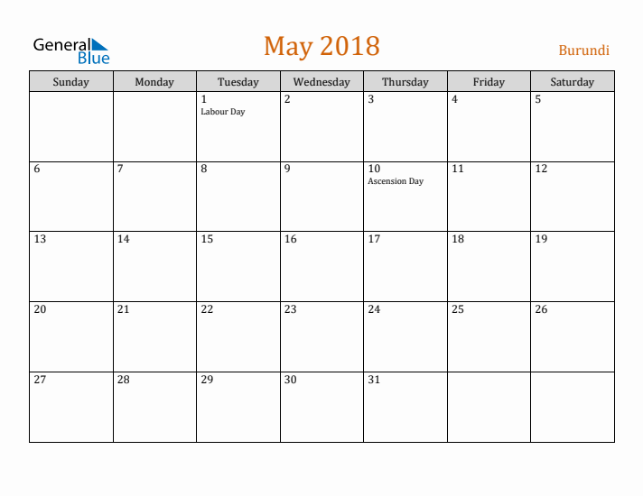 May 2018 Holiday Calendar with Sunday Start